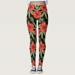 Röda tropiska blommor, sömlösa mönster grönt löv leggings