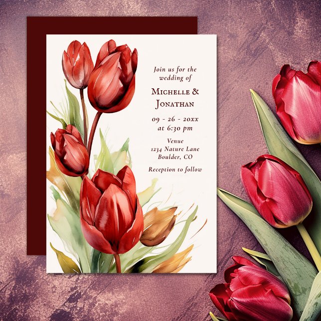 Röda tulips Vår Blommigt Bröllop Inbjudningar (Watercolor Red Tulips Spring Floral Wedding Invitation)