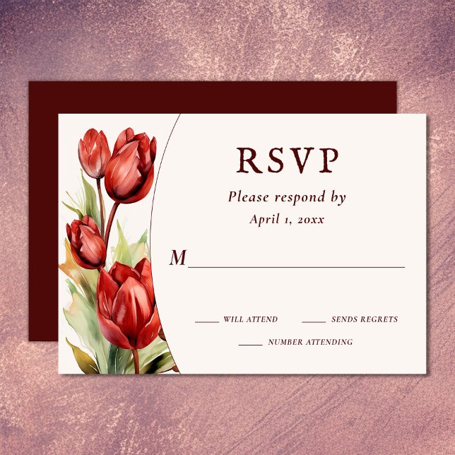 Röda tulips Vår Blommigt Bröllop OSA Kort (Watercolor Red Tulips Spring Floral Wedding RSVP Card)