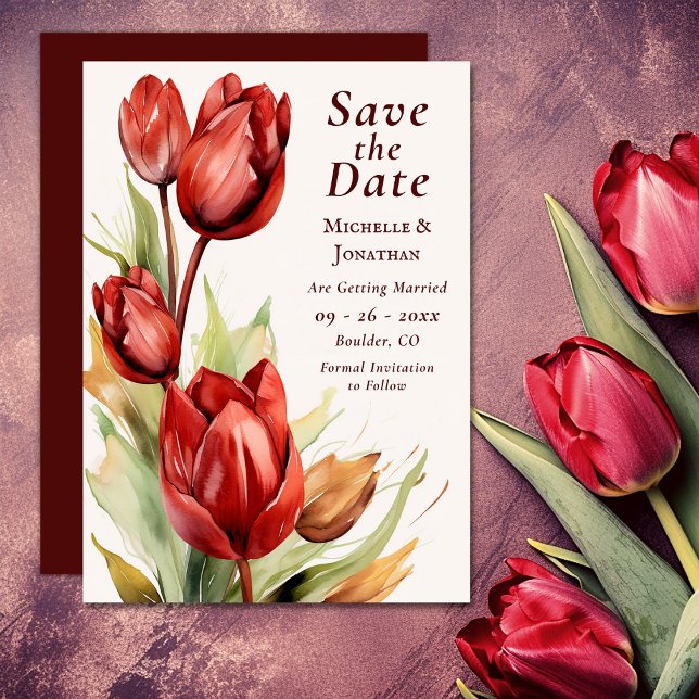 Röda tulips Vår Blommigt Bröllop Spara Datumet (Watercolor Red Tulips Spring Floral Wedding Save The Date)