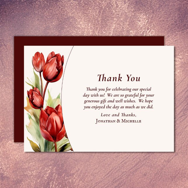 Röda tulips Vår Blommigt Bröllop Tack Kort (Watercolor Red Tulips Spring Floral Wedding Thank You Card)