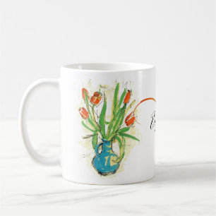 Röda tulpan i den Monogrammed blommigten för Kaffemugg