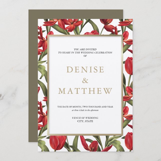 Röda tulpaner akvarell blommor med guldbokstäver inbjudningar (Fram/baksida)