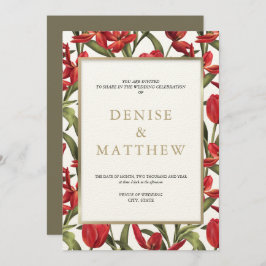 Röda tulpaner akvarell blommor med guldbokstäver inbjudningar