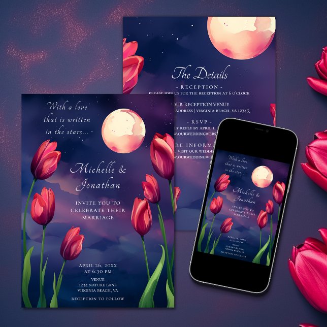 Röda tulpaner, Full Moon och Stars Allt på ena Brö Inbjudningar (Red Tulips, Full Moon and Stars All in One Wedding Invitation)