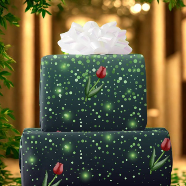 Röda tulpaner & Grön glänsande gradient vacker  Presentpapper (Luxurious Red Tulip Gift wrapping paper. )