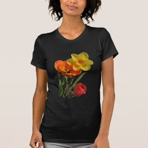 Röda tulpaner och gula narciss blomma foto konst t shirt