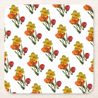 Röda tulpaner och gula narcissblommor underlägg papper kvadrat