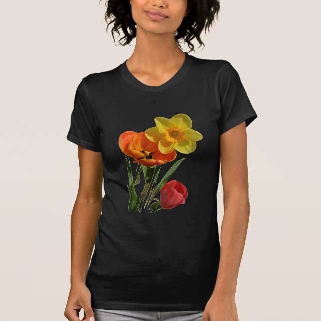 Röda tulpaner och gult-daffodil-blommor t shirt (Framsida)