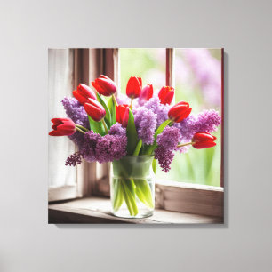 Röda tulpaner och lilacs i fönster canvastryck