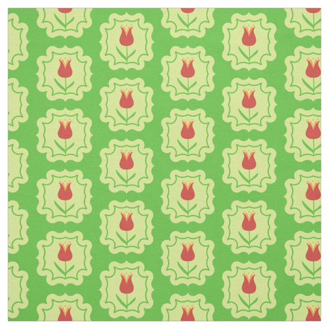 Röda tulpaner på grönt - Retro vårblommigt mönster Tyg (Provkarta)