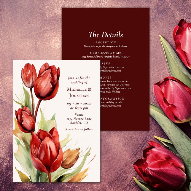 Röda tupplur Vår allt på ett Bröllop Inbjudningar (Watercolor Red Tulips Spring All In One Wedding Invitation)