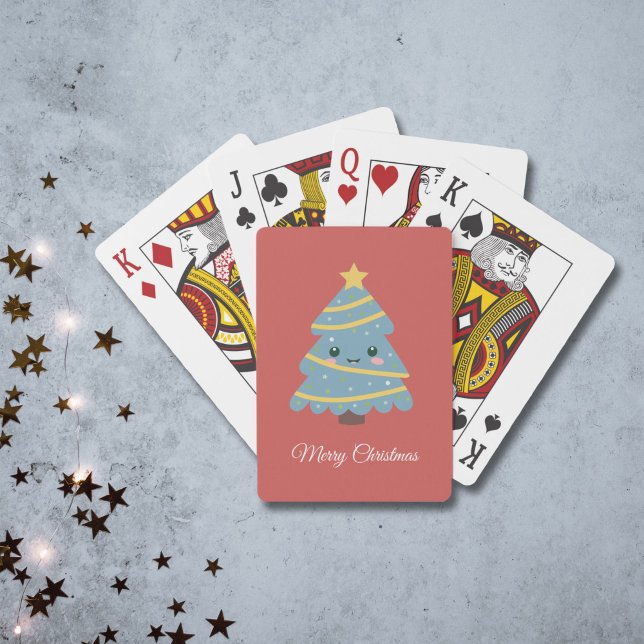 Röda uppspelningskort med Kawaii Julgran Casinokort (Red Playing Cards with Kawaii Christmas Tree)