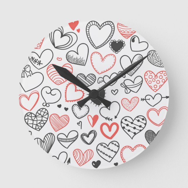 Röda valentinklotterhjärtor och svart hipster rund klocka (Framsida)