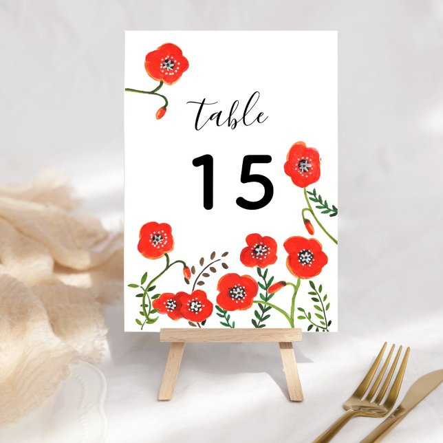 Röda vallmo blommigt bröllop bordsnummer (Red poppies modern floral wedding table number)