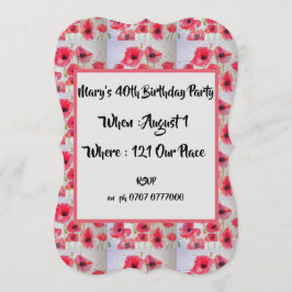 Röda vallmo-Blommigten 40:e födelsedagsinbjudan Inbjudningar