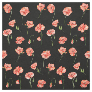 Röda vallmo-blommor, Blommigt, svart Tyg