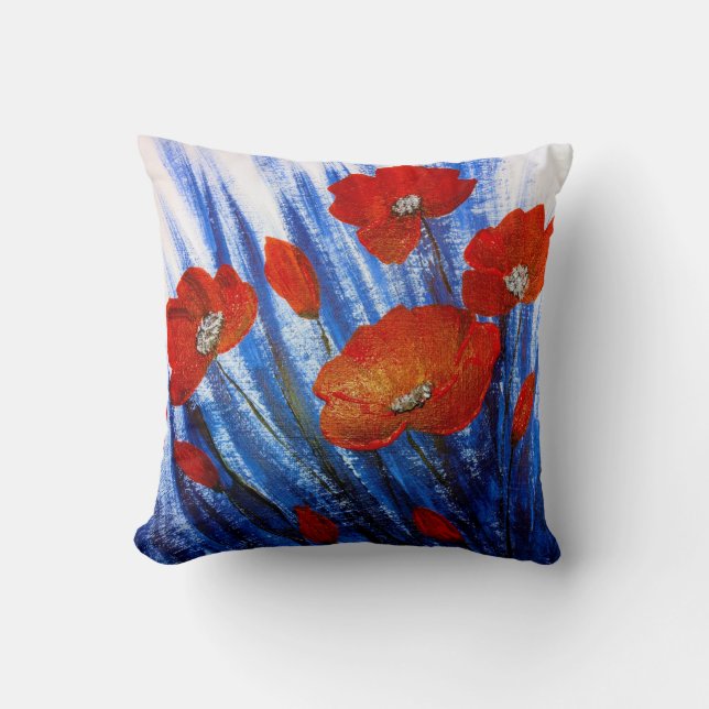 Röda vallmo i blågräs kudde (Framsida)