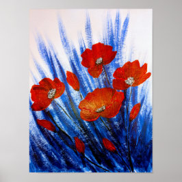 Röda vallmo i blågräs poster