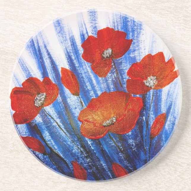 Röda vallmo i blågräs underlägg (Framsidan)