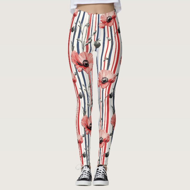 Röda vallmo med blå Löv och stripe Mönster Leggings (Framsida)