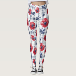 Röda vallmo med blå Löv på blå schaktad Leggings