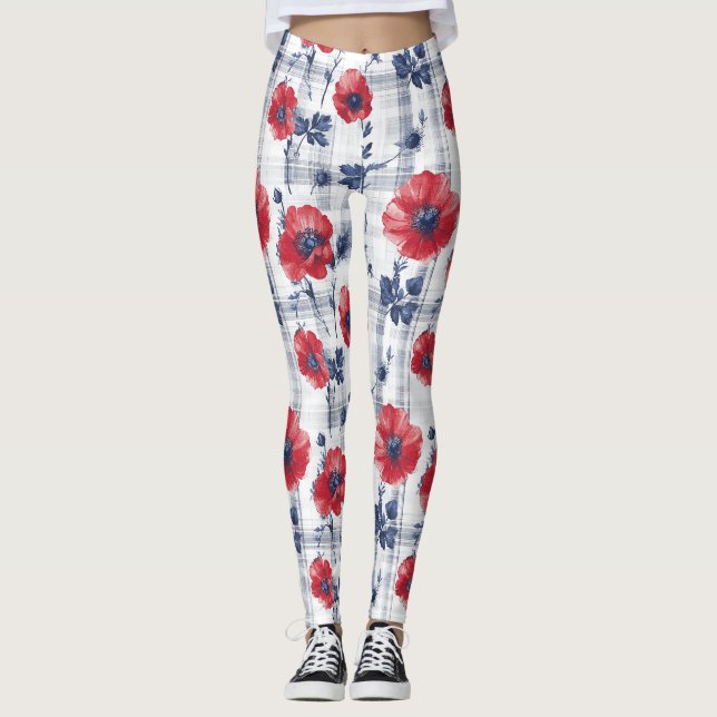 Röda vallmo med blå Löv på blå schaktad Leggings (Framsida)