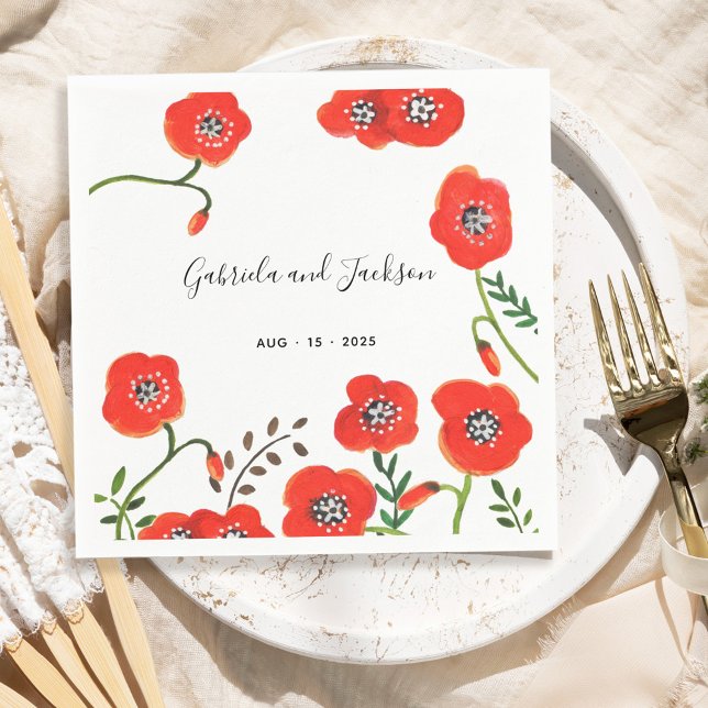 Röda vallmo, modern blommigt bröllop pappersservett (Red poppies modern floral wedding napkins)