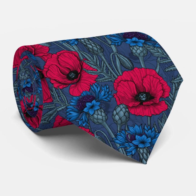 Röda vallmo och blå kornblommor på blått slips (Rullad)