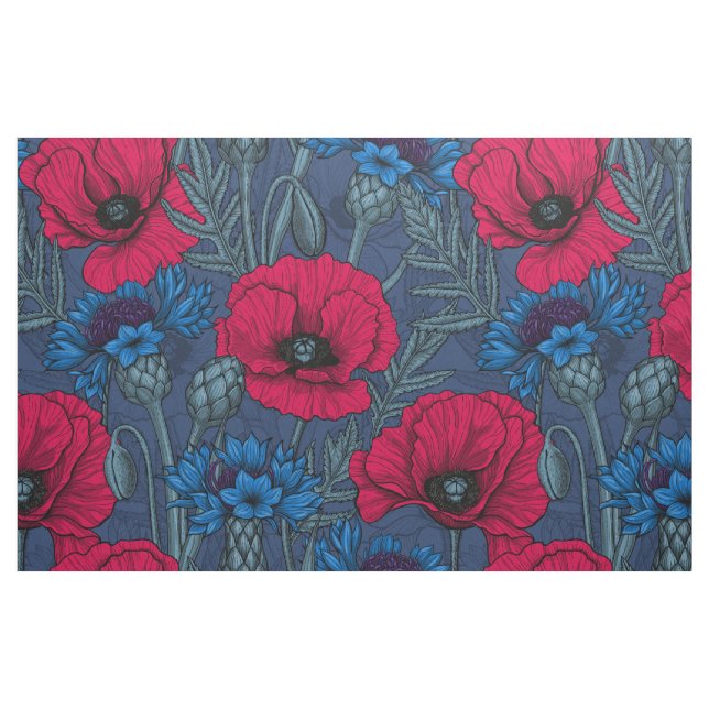 Röda vallmo och blå kornblommor på blått tyg (Fat Quarter)