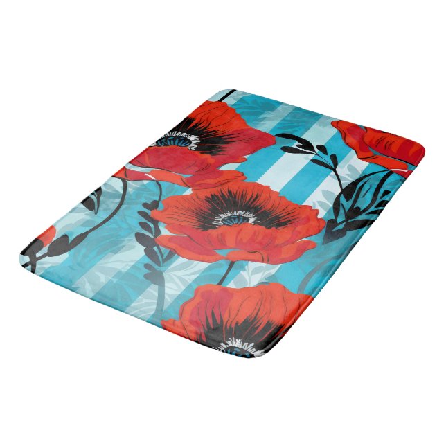 Röda vallmo och blå rand badrumsmatta (Vinklad)