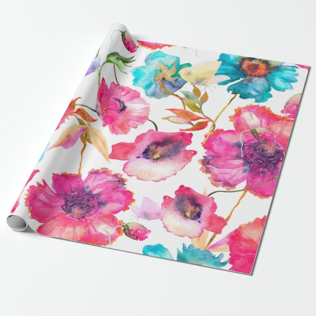 Röda vallmo och blåa blommor med fjärilar, väteflu presentpapper (Utrullad)