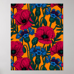 Röda vallmo och blåkornblommor på orangen poster
