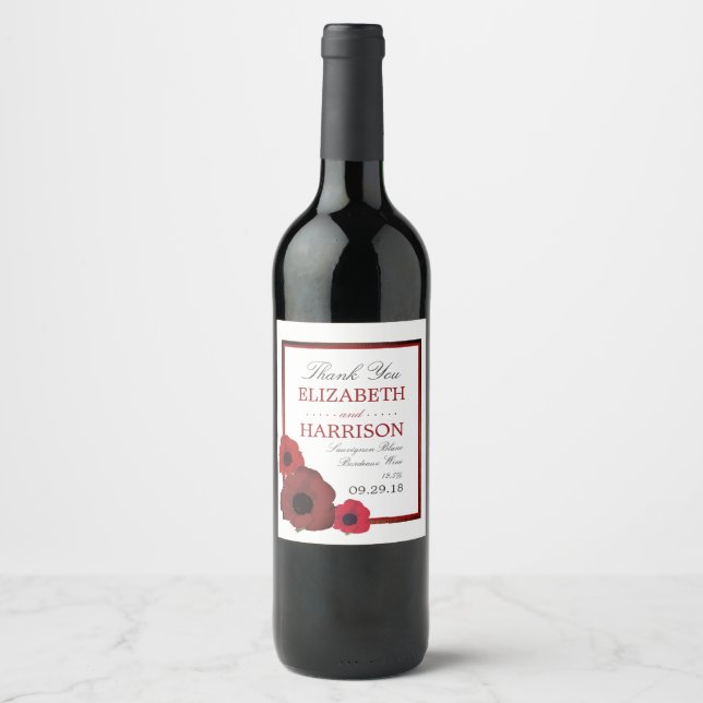 Röda vallmo och Burlap Bröllop Vinflaska Etikett (Framsida)