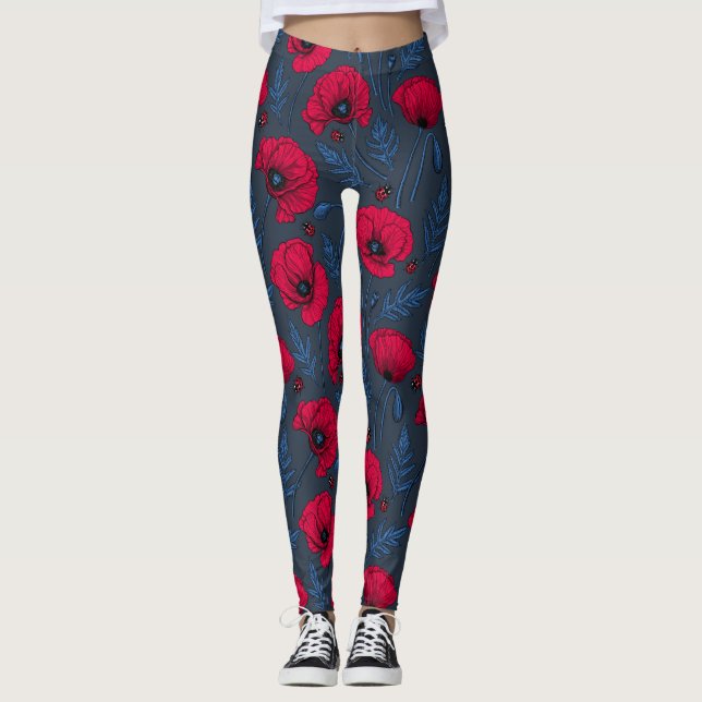 Röda vallmo och ladybuggar på mörk blått leggings (Framsida)