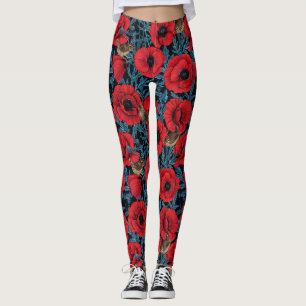 Röda vallmo och pommes, blå löv på svart leggings