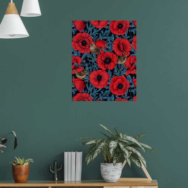 Röda vallmo och pommes, blå löv på svart poster (Vardagsrum 1)