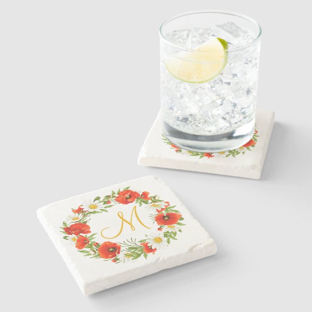 Röda vallmo Vit Gult Daisy Fläderutandning Stenunderlägg (Sidan)