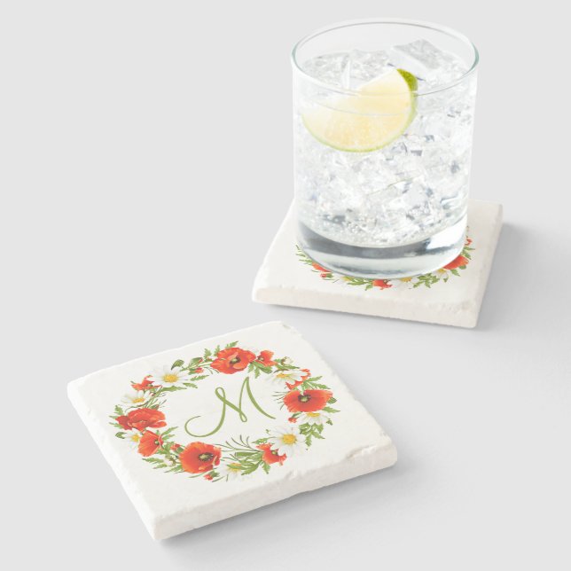 Röda vallmo Vit Gult Daisy Fläderutandning Stenunderlägg (Sidan)