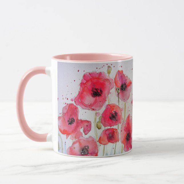Röda vallmoblommor akvarellmålning mugg rosa (Vänster)