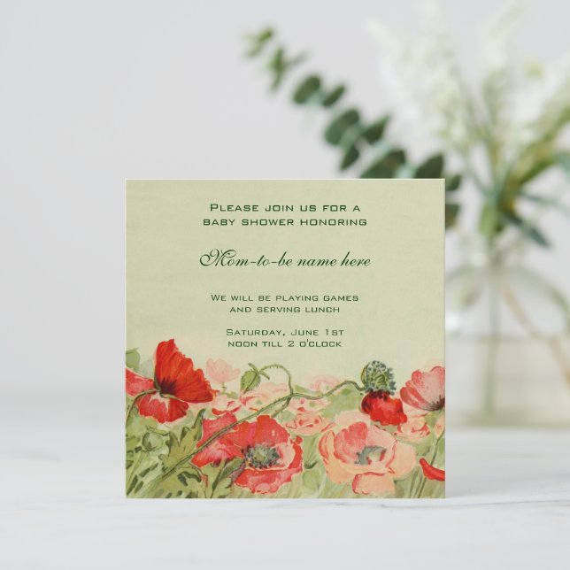 Röda vallmoblommor Blommig äng Baby Shower Inbjudningar (Stående Fram)