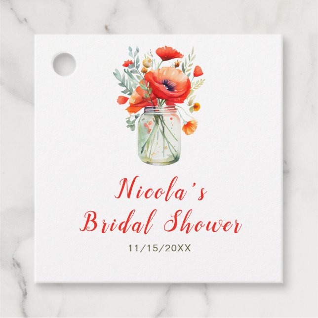 Röda vallmoblommor bröllopsdusch i murarburk gåvor etiketter (Framsida)