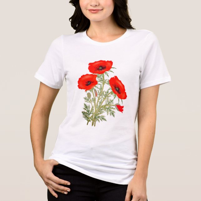Röda vallmoblommor Gröna stjälkar Blommig tri-blan T Shirt (Framsida)