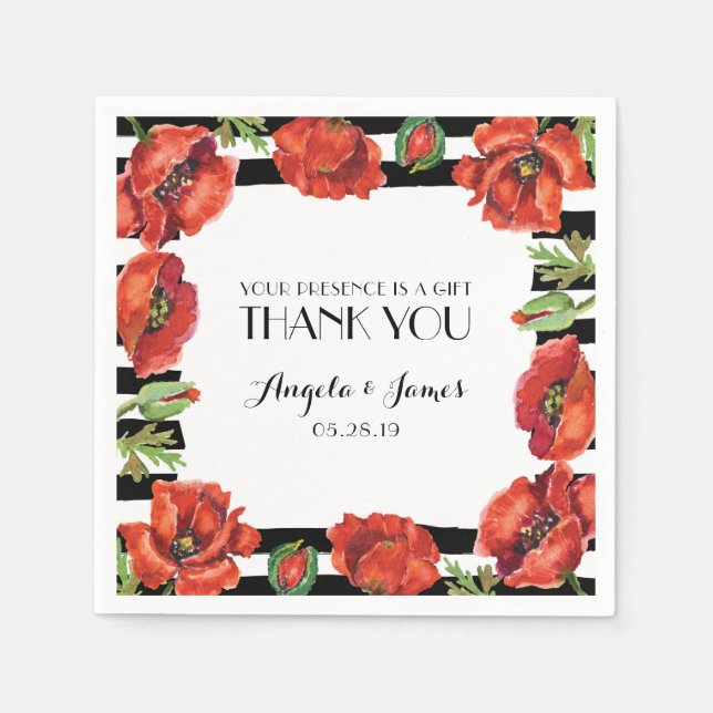 Röda vallmoblommor med Black Rand Bröllop Pappersservett (Framsidan)