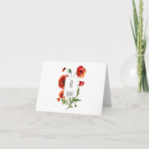 Röda vallmoblommor med blommigt Monogram Blank Not Anteckningskort