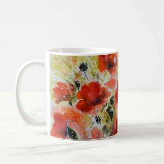 Röda vallmoblommor, mjuk vattenfärg. kaffemugg