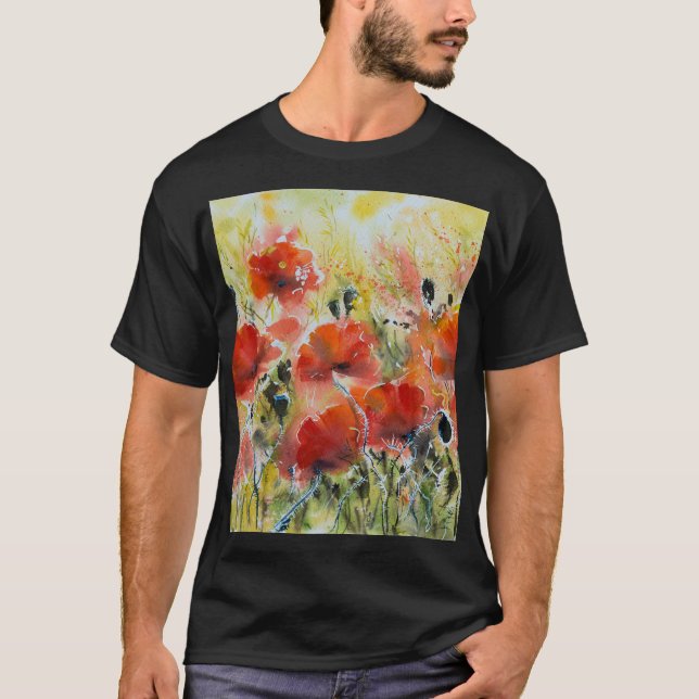 Röda vallmoblommor, mjuk vattenfärg. t shirt (Framsida)