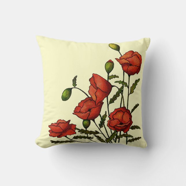 Röda vallmoblommor: Originalteckning Kudde (Framsida)