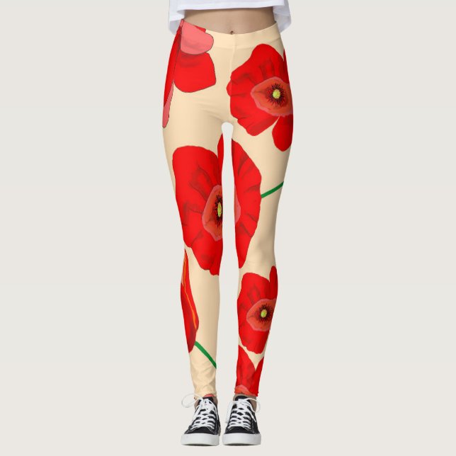 Röda vallmoblommor på Beige Background Illustratio Leggings (Framsida)