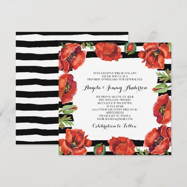 Röda vallmoblommor Svart strimlad Vow-förnyelse Inbjudningar (Fram/baksida)